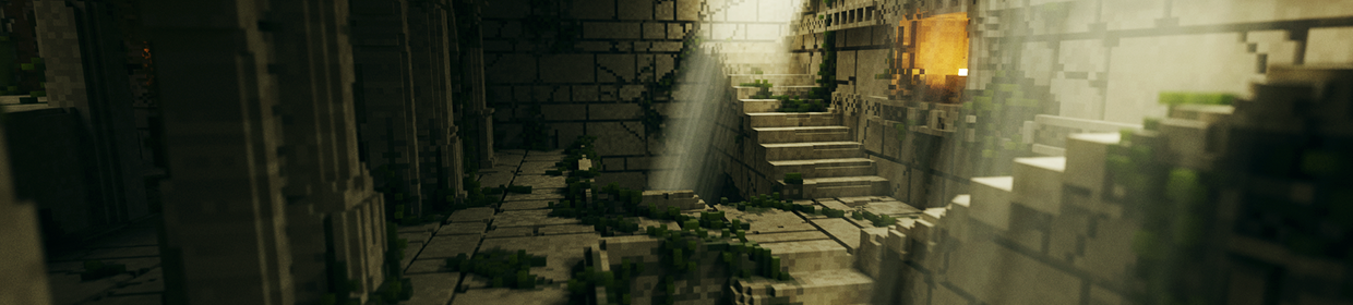 The entryway of a voxel stepwell, overgrown with moss.